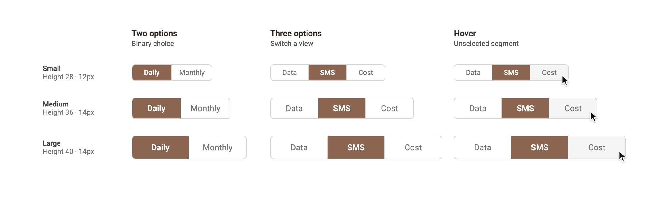 Segmented control in small, medium and large: two options, three options and hover